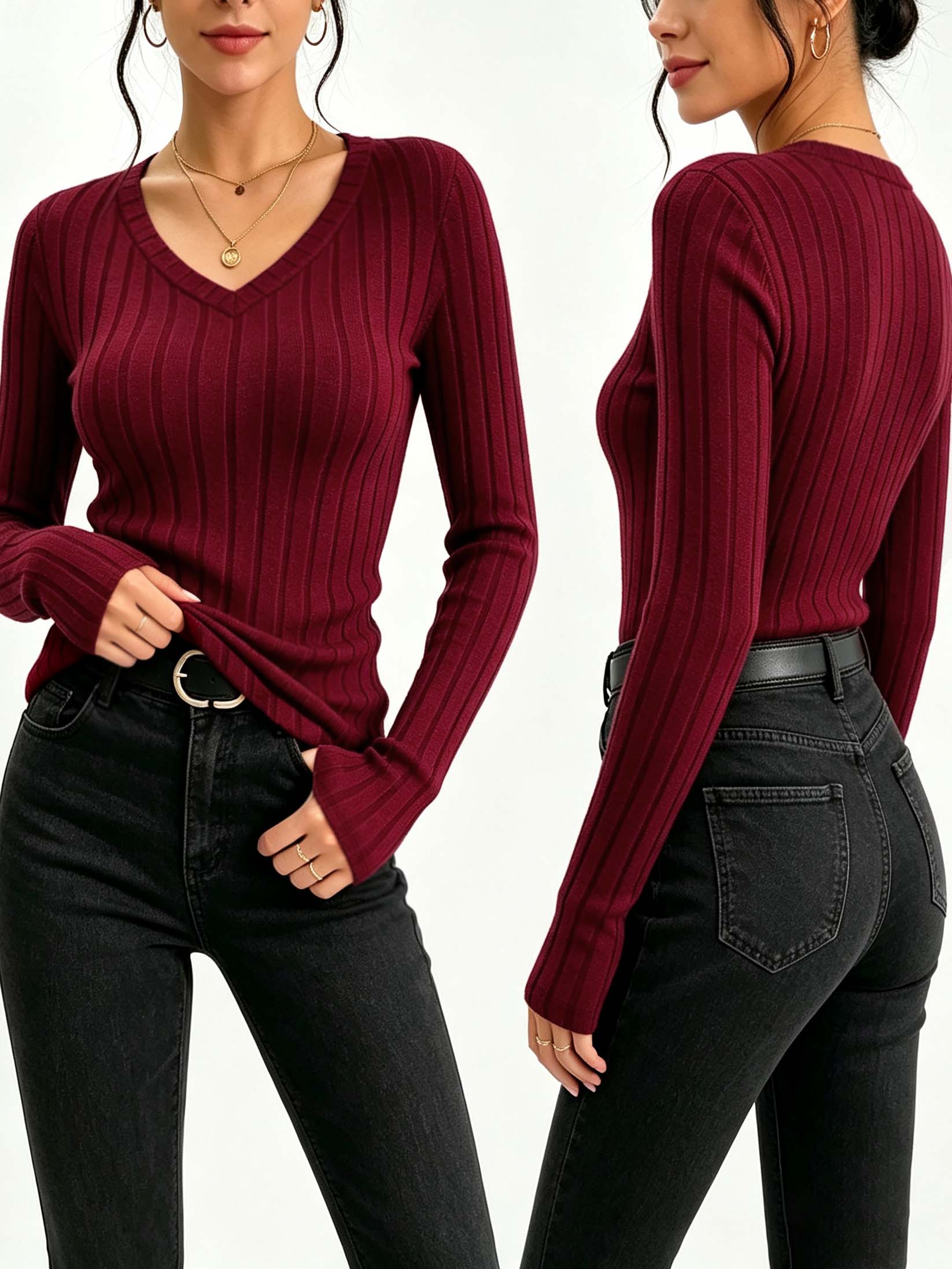 Winter Clothing For Women - Damen-T-Shirt mit V-Ausschnitt, geripptem Strick, schmaler