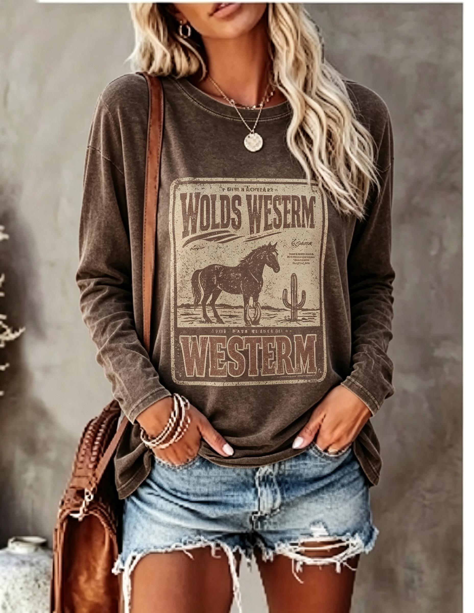Winter Clothing For Women - Damen-Langarm-T-Shirt, Vintage-Western-Pferd-Kaktus-Poster-Print, Rundhalsausschnitt, lässige Herbst-Oberteile