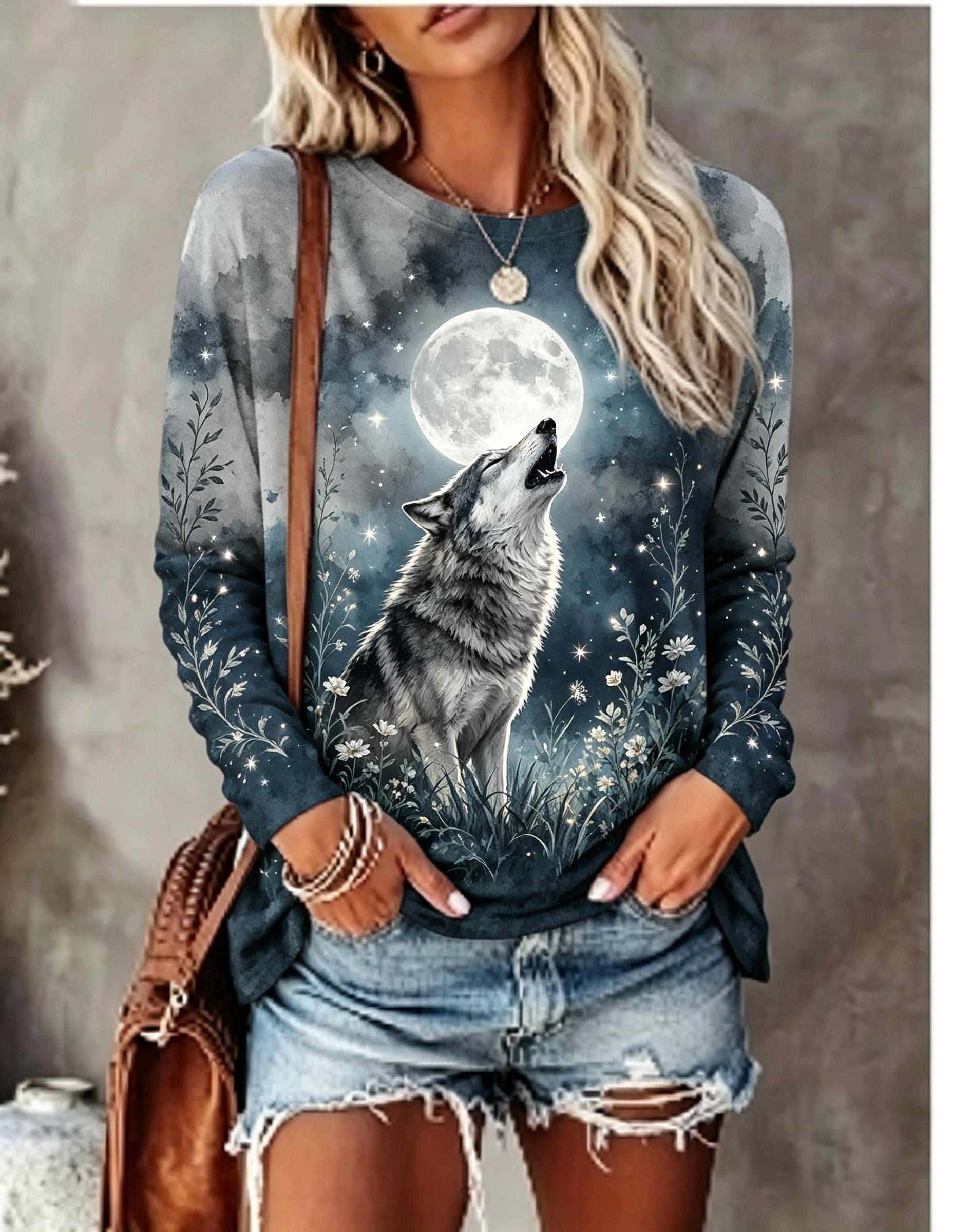 Damen-Langarm-T-Shirt mit Wolf – Winter Clothing For Women Bewertung und Preis